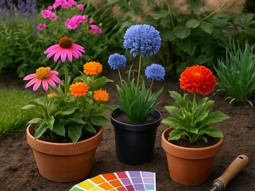 銅葉のスモークツリーを主役に、ラベンダーや白花多年草と調和させた庭の植栽