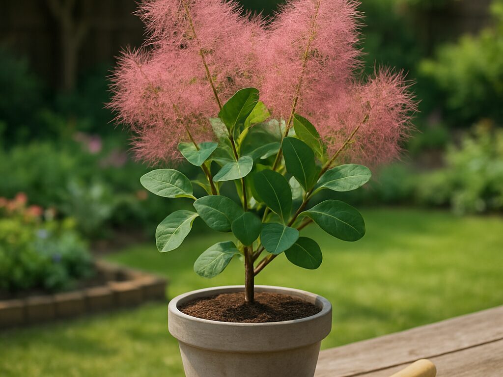 夕暮れの庭で、淡いピンクの花穂を雲のように広げるスモークツリーの全景