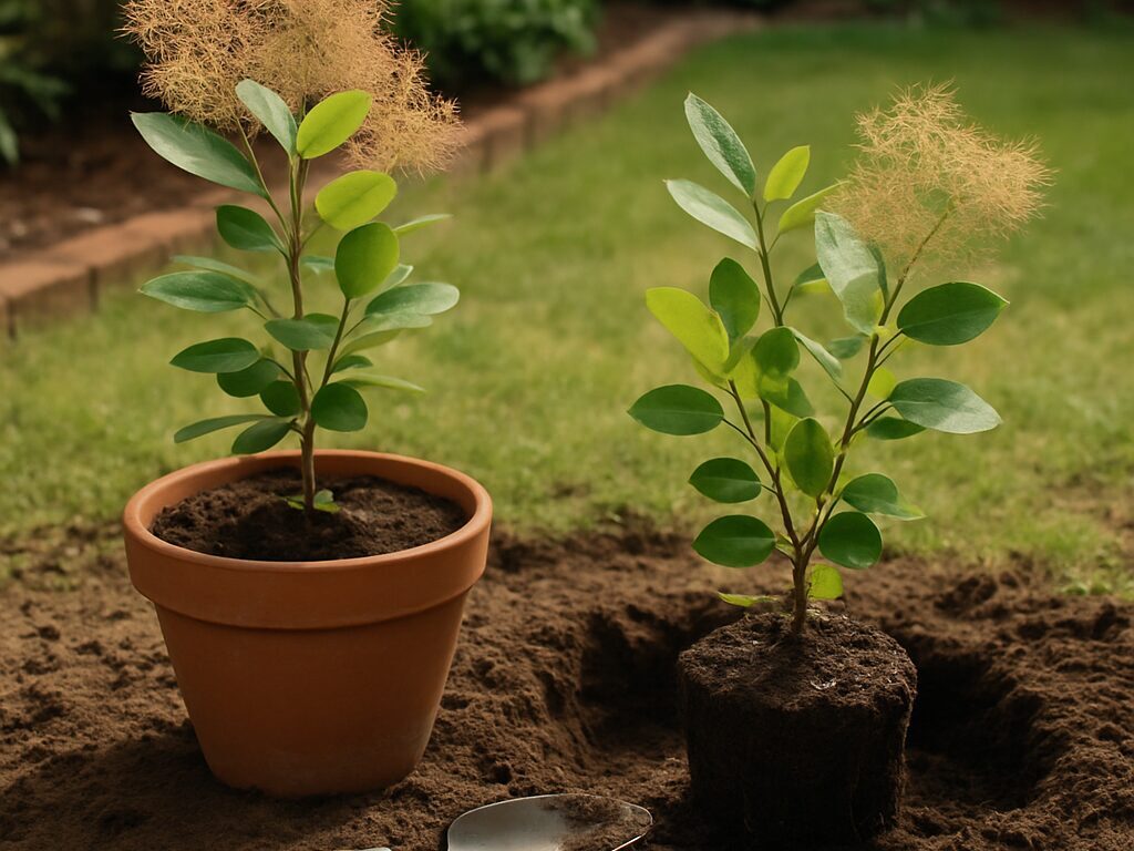日なたの庭でスモークツリーを植え付け、地植え場所と大型鉢の用土を整える手元の様子