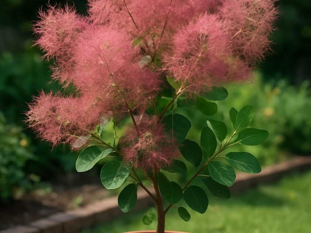初夏の庭で淡桃色の綿毛状花穂を揺らすスモークツリー（ケムリノキ）の枝先