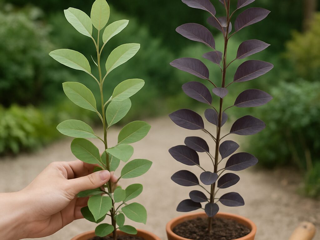 園芸店で鉢植えのスモークツリー苗が並び、緑葉・紫葉・黄緑葉と背丈の違いが見える