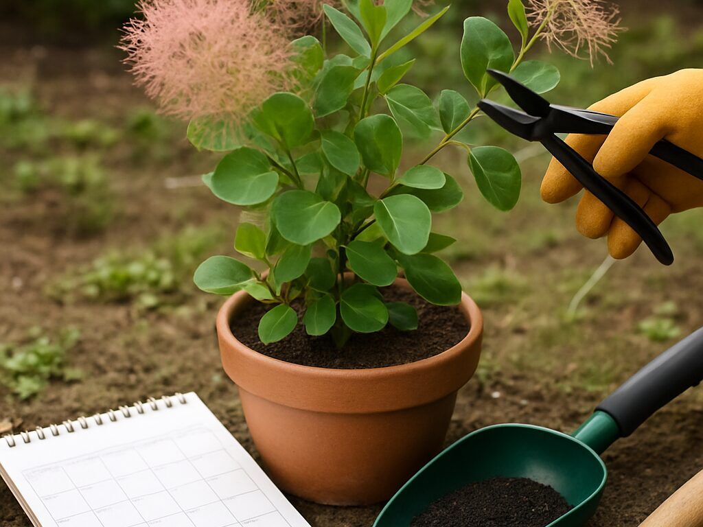 休眠期のスモークツリー、剪定ばさみで細枝を切り戻し、株元に粒状肥料を施す場面