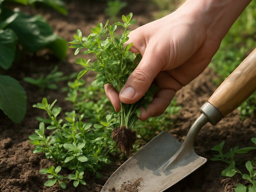庭の畝でハコベを根ごと引き抜く手袋の手、除草の基本作業を示す一場面