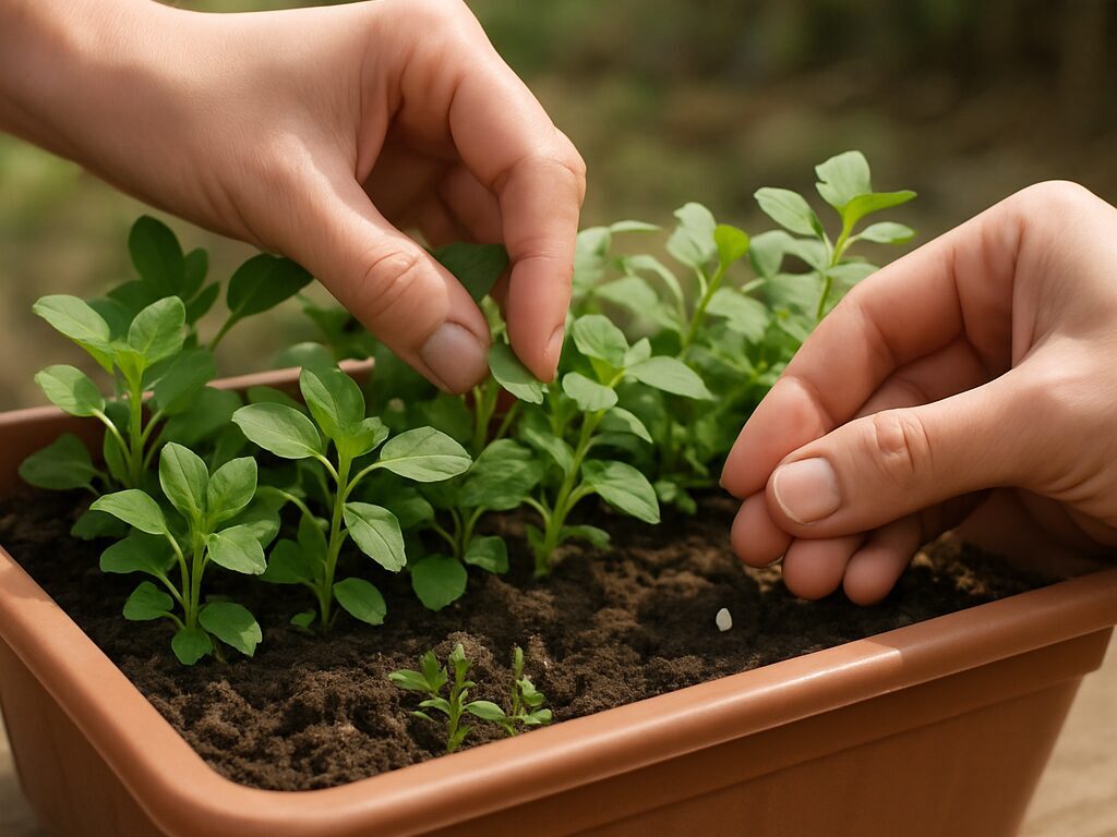 プランターで茂るハコベの緑葉と白花を、はさみで収穫する手元の近接