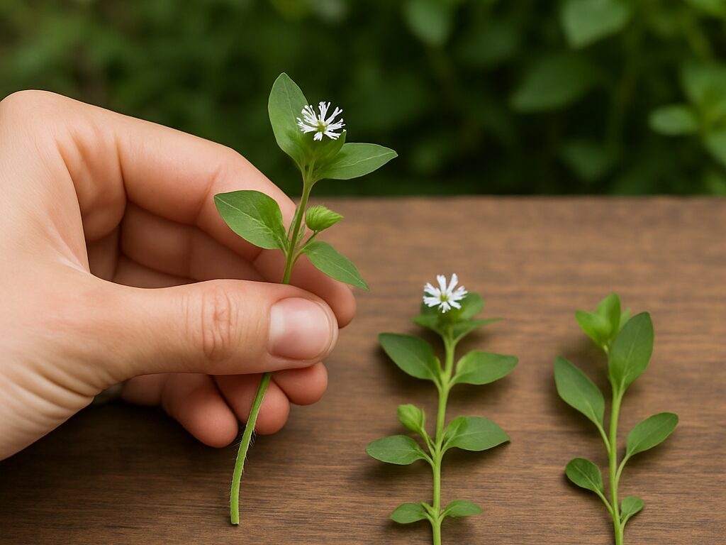 裂け目で十枚に見える白花と茎に一列の毛があるハコベの拡大接写