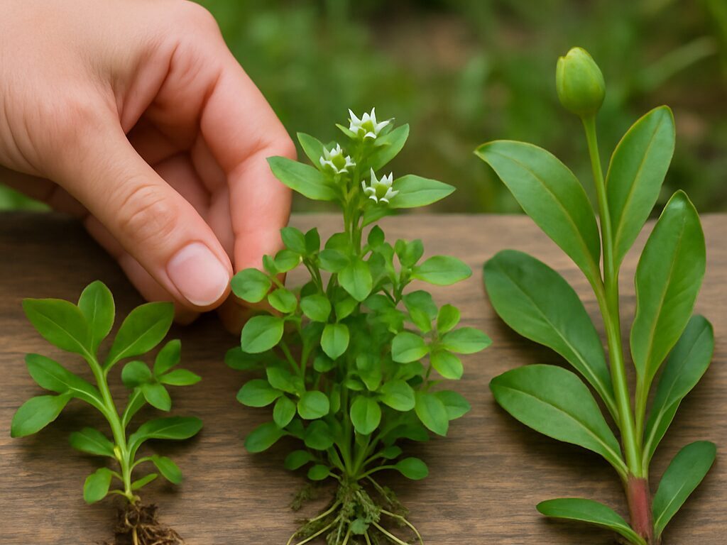 春の地面に広がるハコベの群生、小さな白い星形の花と対生の楕円葉の接写