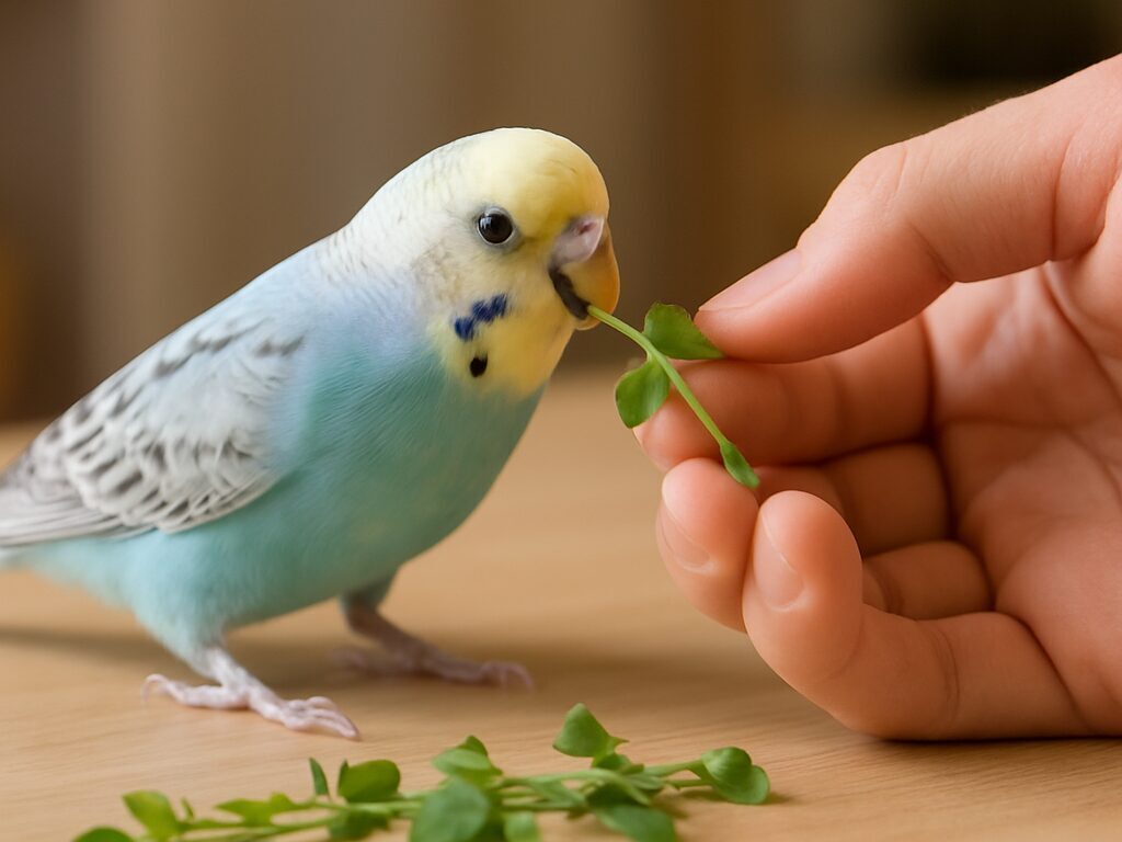 セキセイインコが新鮮なハコベの束をついばむ、与え方の安全例となる構図