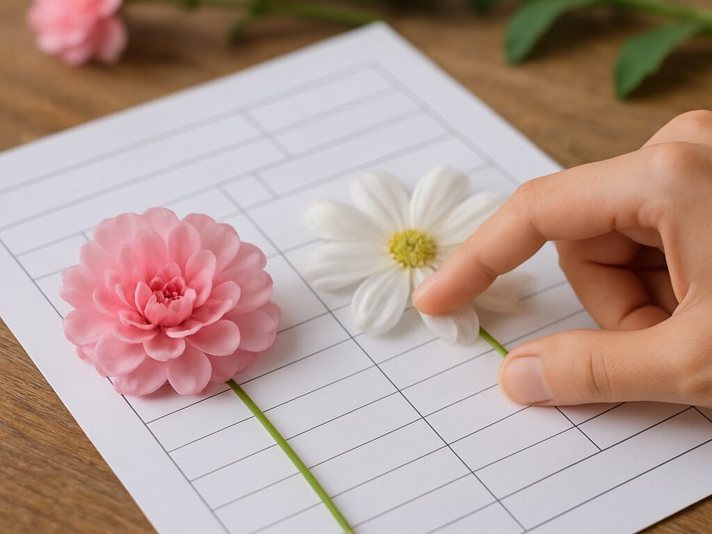 作業台でピンクと白の小花を手際よく仕分け、用途を比べやすい配置