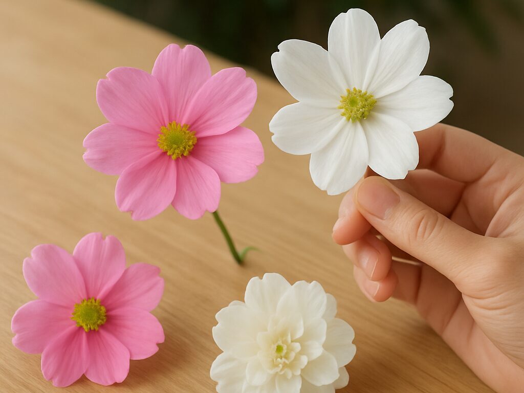 ブーケ、テーブル装花、ラッピング花束を並べ、ピンクと白の使い分けを示す