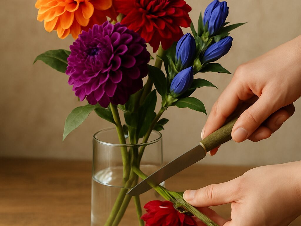 シンクで茎を斜めにカットし下葉を取り除く作業。清潔な花瓶にリンドウとコスモスを生ける準備