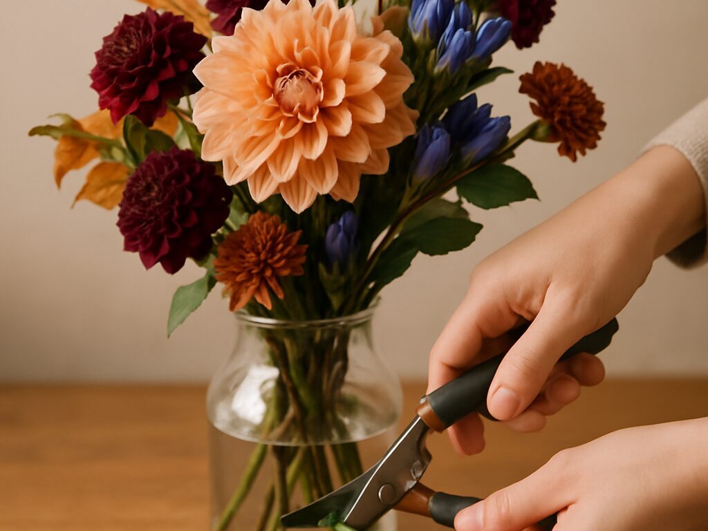 小中大の3種の花束を横並びに配置し、リンドウやダリア、ピンポンマムとユーカリでボリュームの差を表す