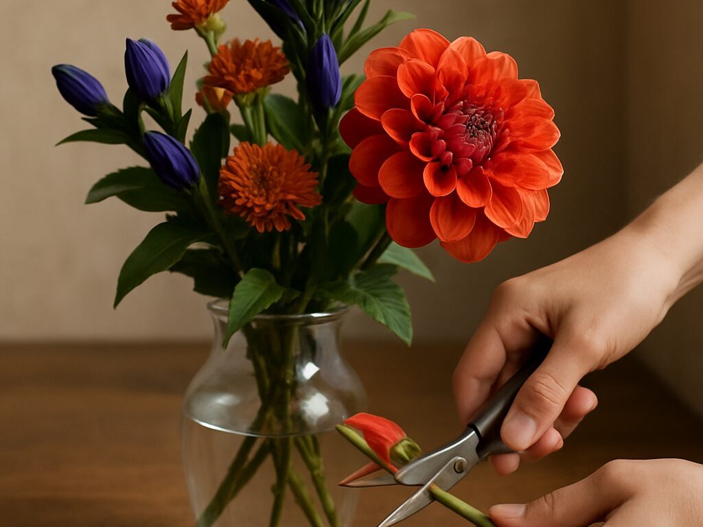 花屋でつぼみ多めのリンドウやケイトウを手に取り、茎の切り口を確かめて選別する手元