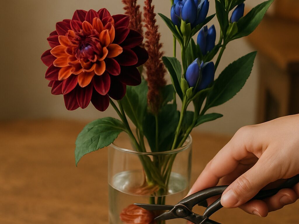 木のテーブルにピンクのコスモス、青いリンドウ、深紅のダリアを並べた秋の花のフラットレイ