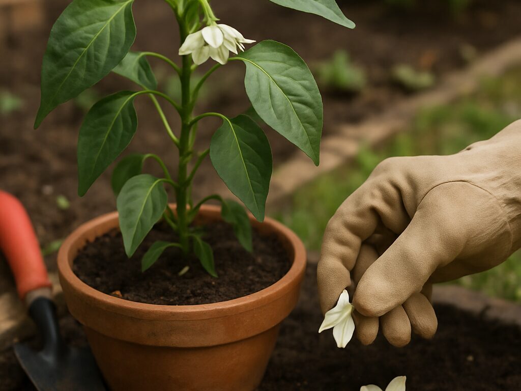 萎れた唐辛子の白花が落ち、土の上に散った蕾と花柄が見える株元