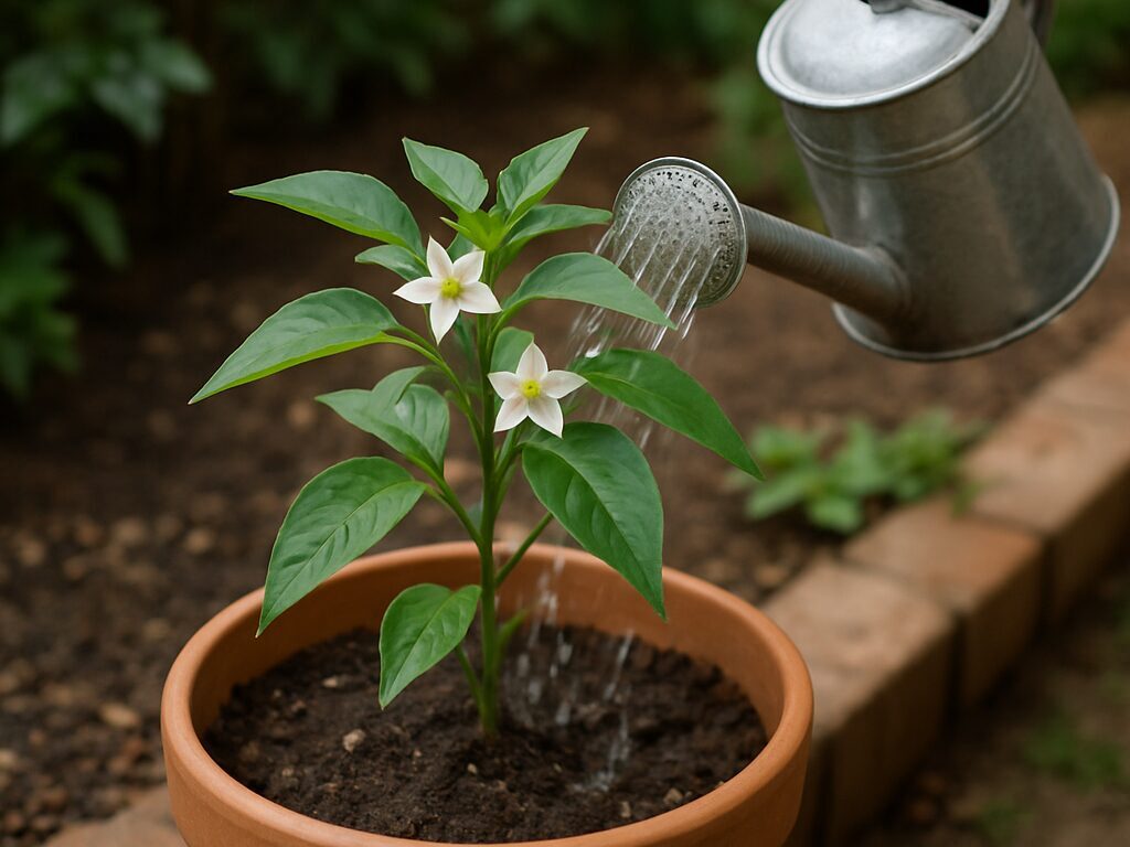 日当たりの良いベランダで、鉢植えの唐辛子に水やりし風通しを確保