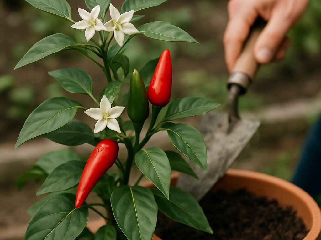 一枝に白い花、膨らむ緑の若実、色づいた赤実が揃う唐辛子の株