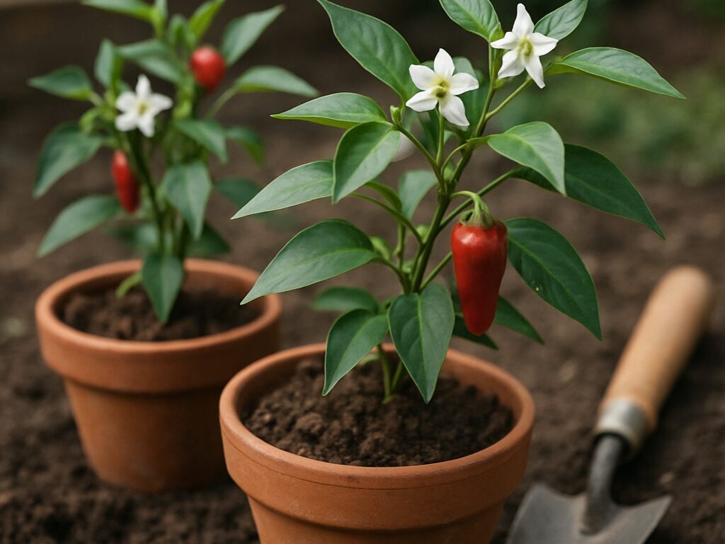 蕾に群がるアブラムシを確認し、霧吹きで唐辛子の花芽を保護する手元