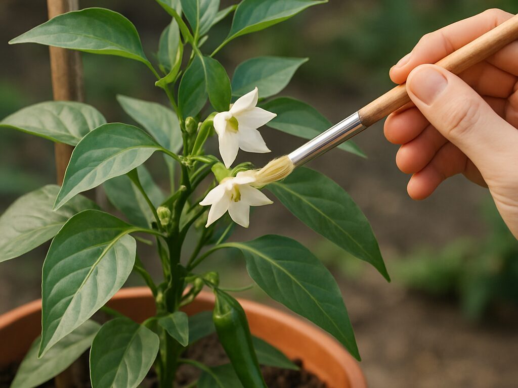 綿棒で白い唐辛子の花の雄しべを優しく撫で、受粉を助ける手入れ