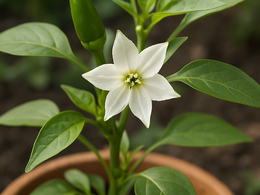 緑濃い茎葉の先に五弁の白い唐辛子の花と蕾が並ぶクローズアップ