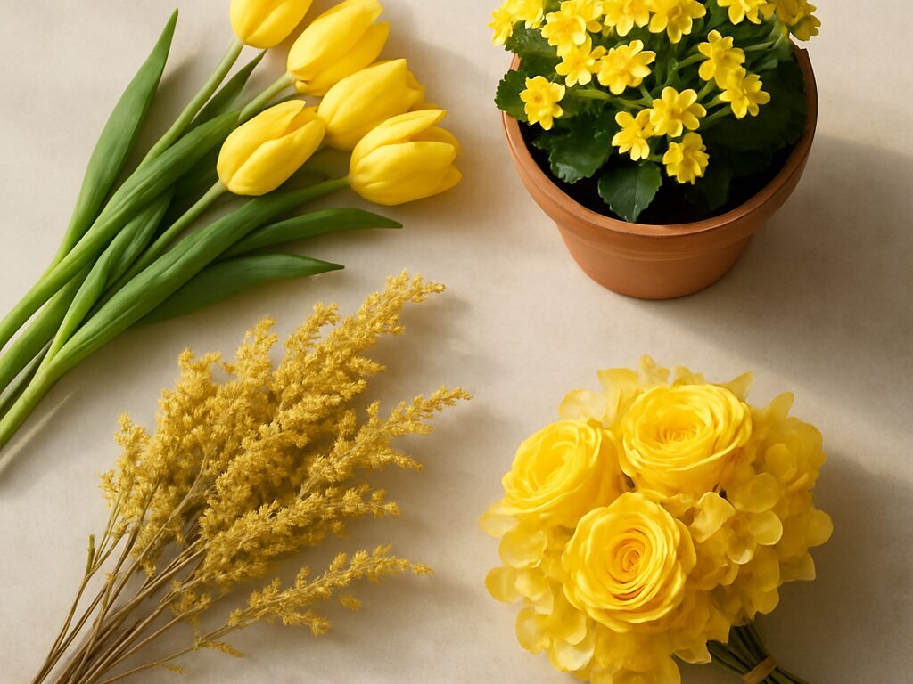 切り花のブーケ、鉢植えのミニバラ、ドライのスワッグ、プリザーブドのガラスドームを並べて比較