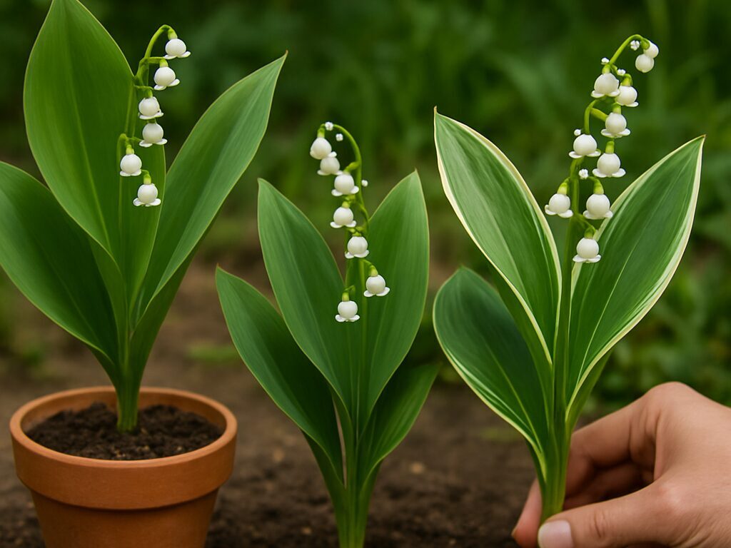 地植えの花壇にニホンスズラン・ドイツスズラン・斑入り葉の株を並べ、形と花数の違いを示す