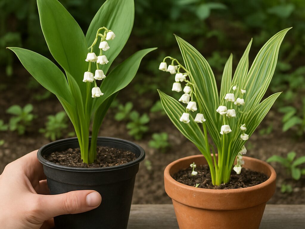 手にしたニホンスズランとドイツスズランの鉢を並べ、花の房と葉幅を見比べる