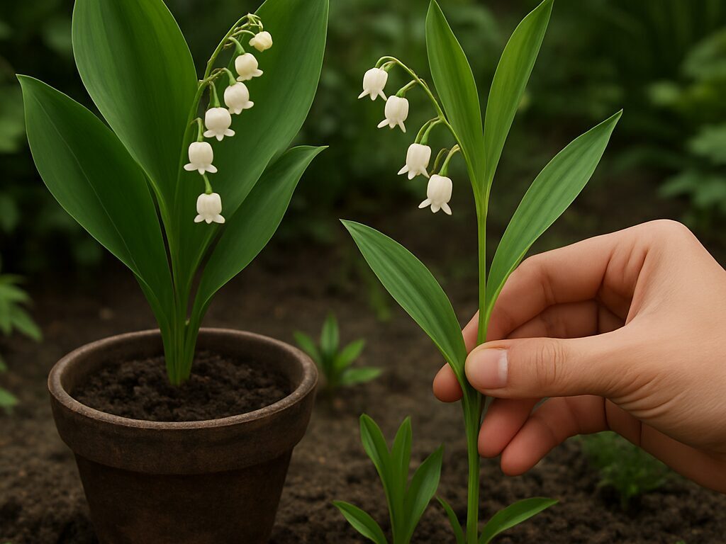スズランの房咲きと、花先に緑点が付くスノーフレークを並べて違いを示す接写