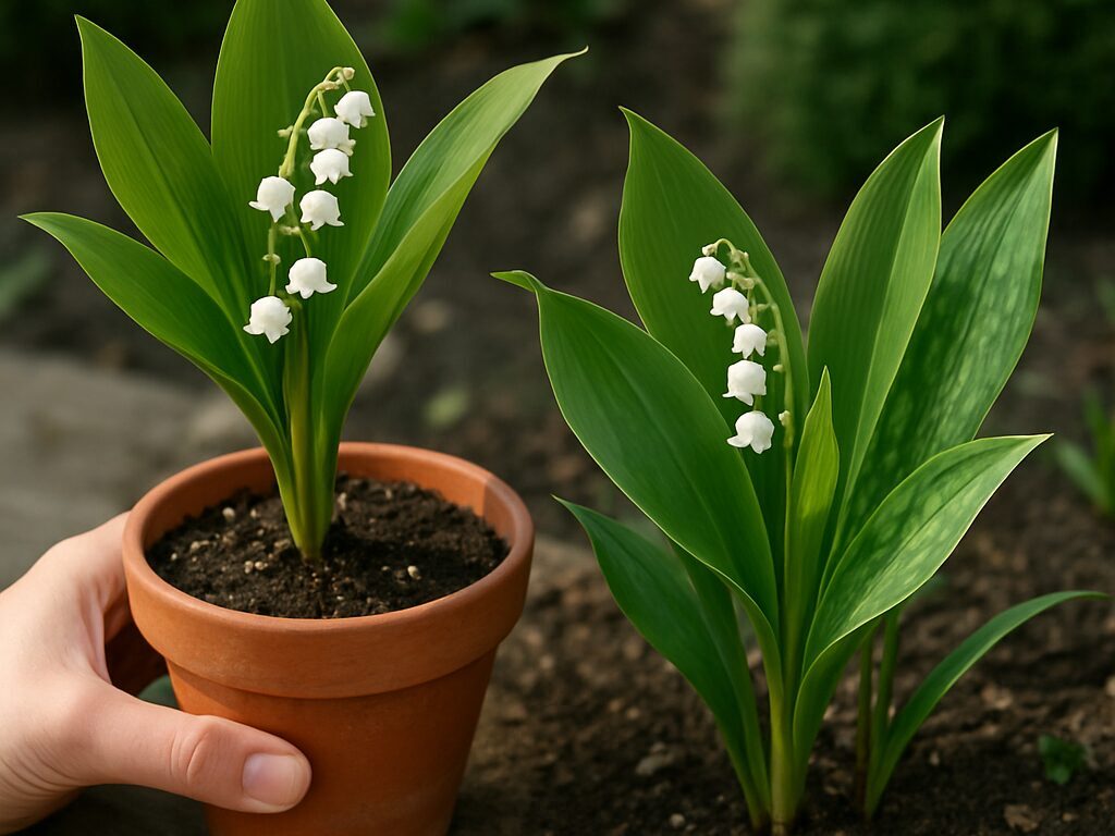 ニホンスズラン・ドイツスズラン・斑入り葉の鉢と切り花を並べ、種類の要点を俯瞰できる構図