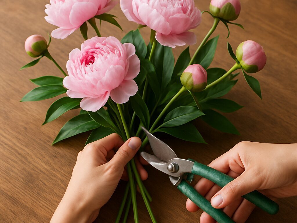 花屋の桶に並ぶ芍薬。半開きのつぼみを手に取り、茎の太さと葉色を確認