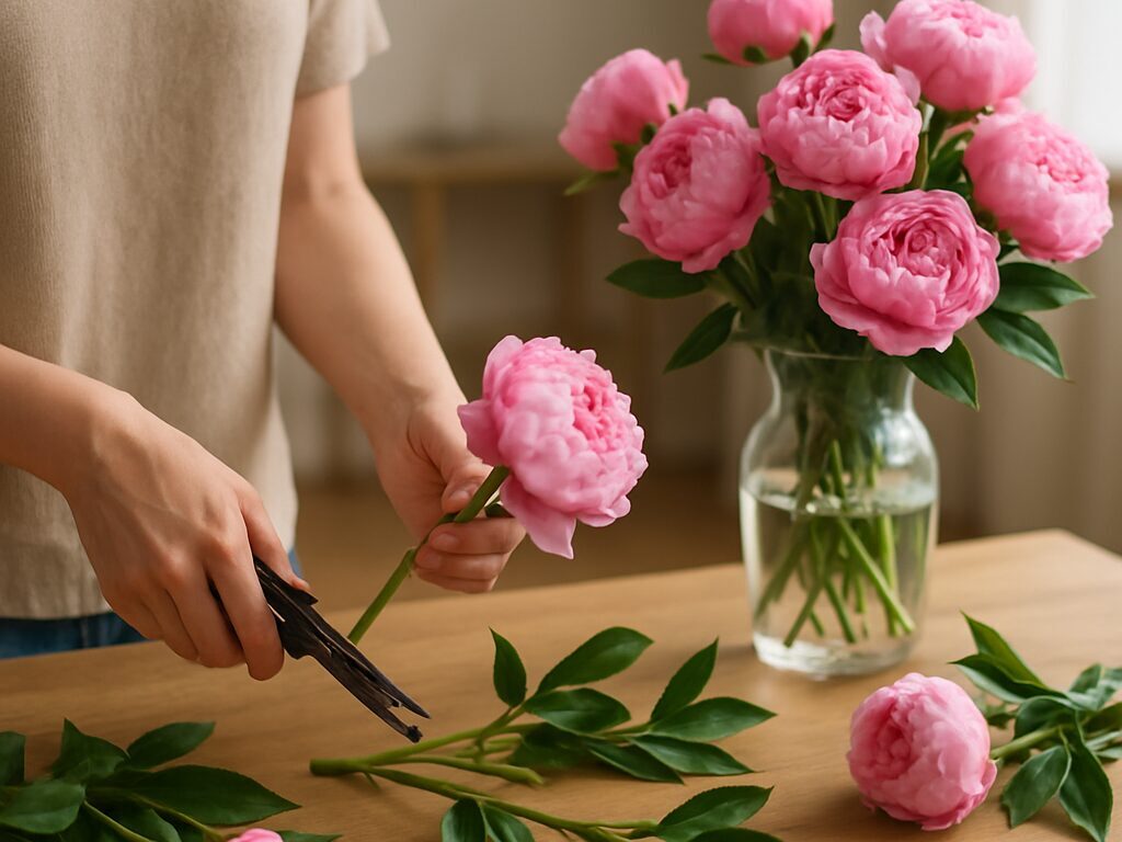 薄桃と白の芍薬を主役に、ユーカリと小花を合わせた丸いブーケを手に持つ