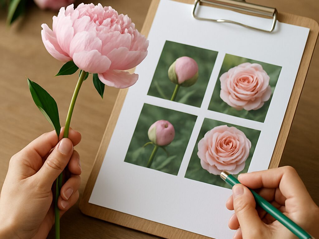 赤い牡丹、淡桃の芍薬、渦巻く中心のバラを横一列に置き、形と質感の違いを示す