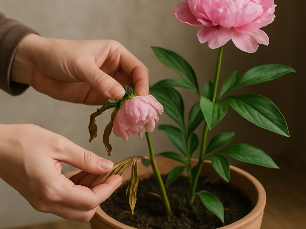 テーブルで瑞々しい芍薬と首が垂れた芍薬を並べ、花持ちの違いを示す構図