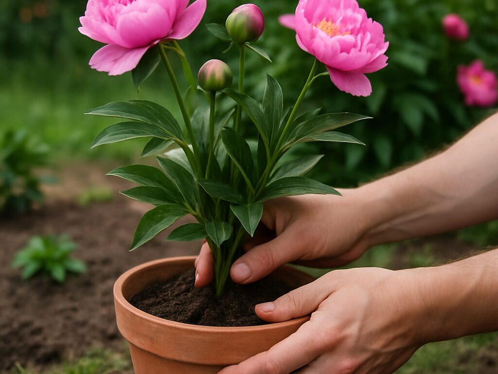 テラコッタ鉢に芍薬の苗を植え付け。日当たりの庭で浅植えにして土を寄せる手元