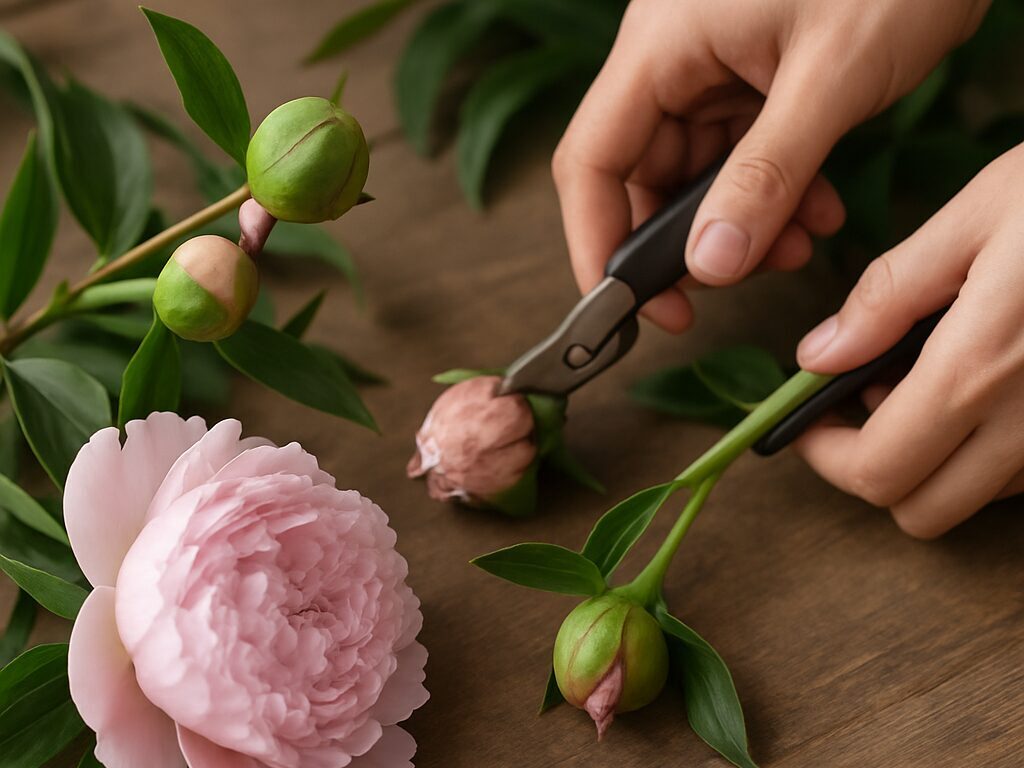固いつぼみの芍薬。ぬるま湯に花首を浸し、指で粘りをやさしく拭って開花を促す