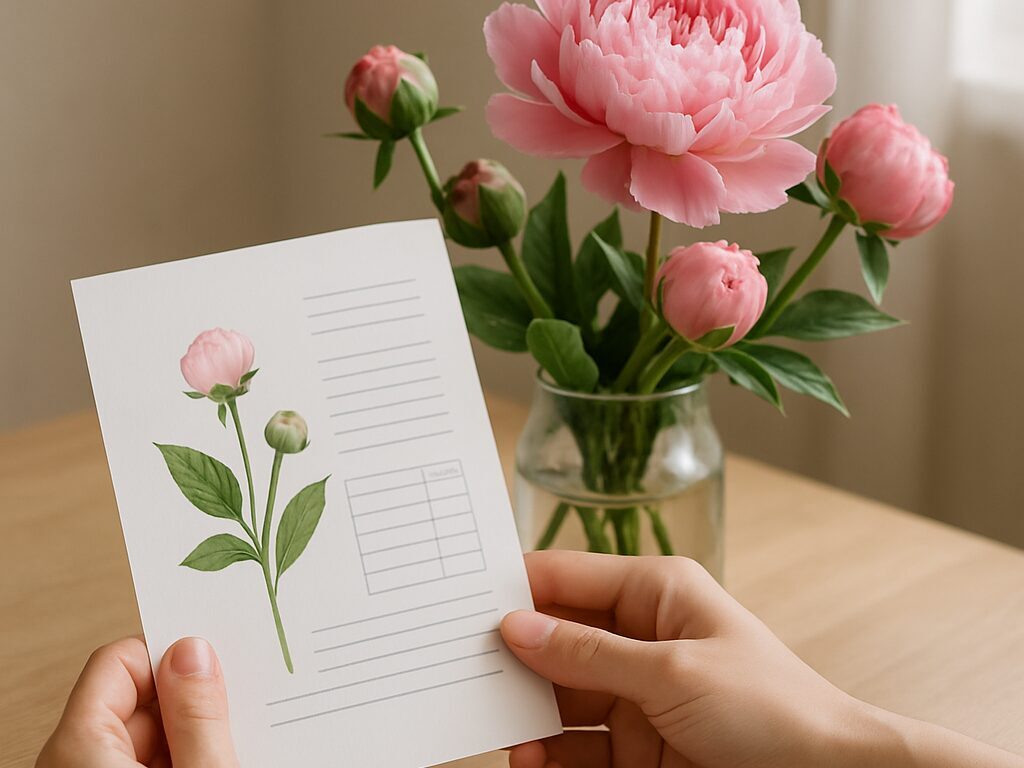 淡いピンクと白の芍薬が大輪で咲く。光を受けた花弁と艶やかな緑葉の接写