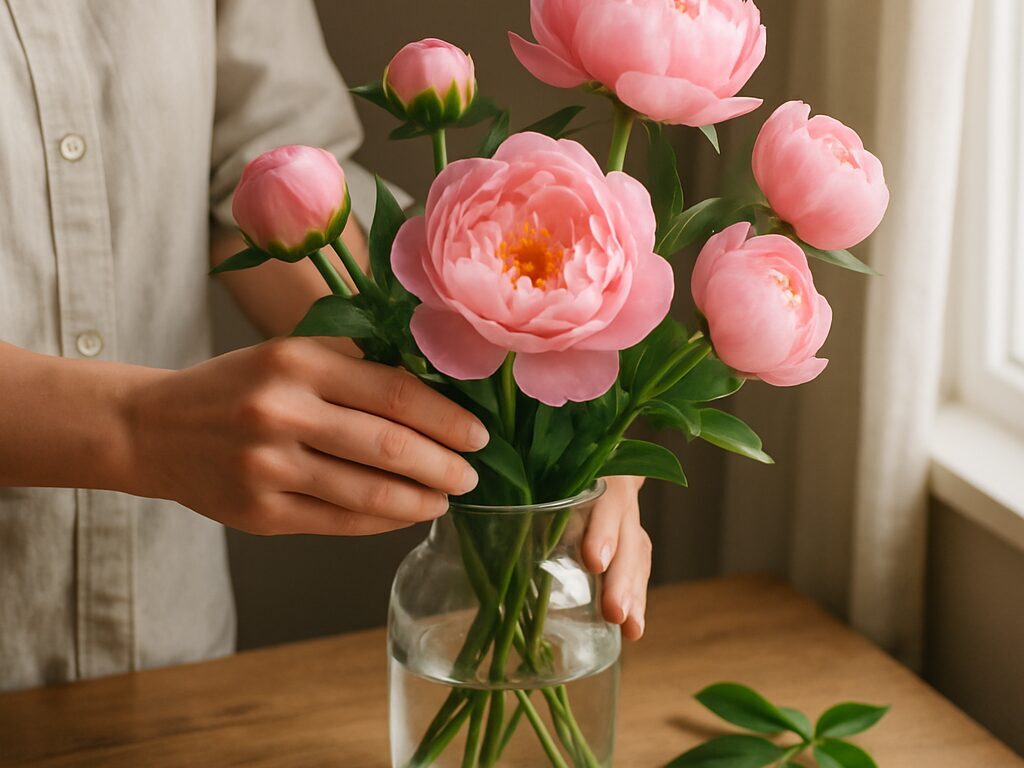 窓辺で白い芍薬の茎を斜めに切り、清潔な水を満たした花瓶に生け直す手元