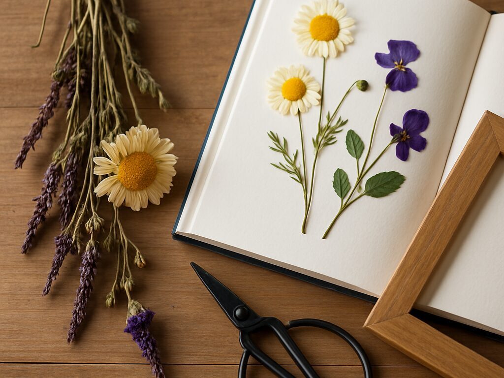 カミツレの花束を逆さ吊りで乾燥し、隣で和紙に挟んで押し花を作る作業台