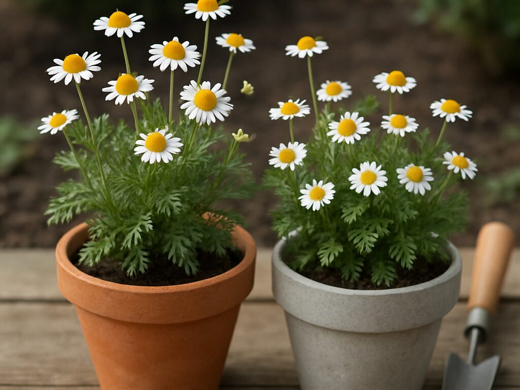 鉢に植えたジャーマン種とローマン種のカミツレを並べ、草姿と花の違いを示す