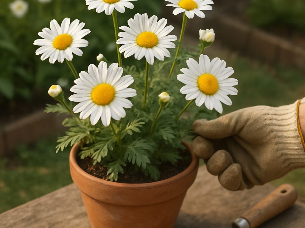 収穫したカミツレの花を籠に集め、隣にハーブティーの湯気が漂う木のテーブル