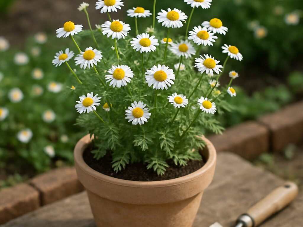 白い舌状花と黄色い中心をもつカミツレが群生する初夏の畑のクローズアップ