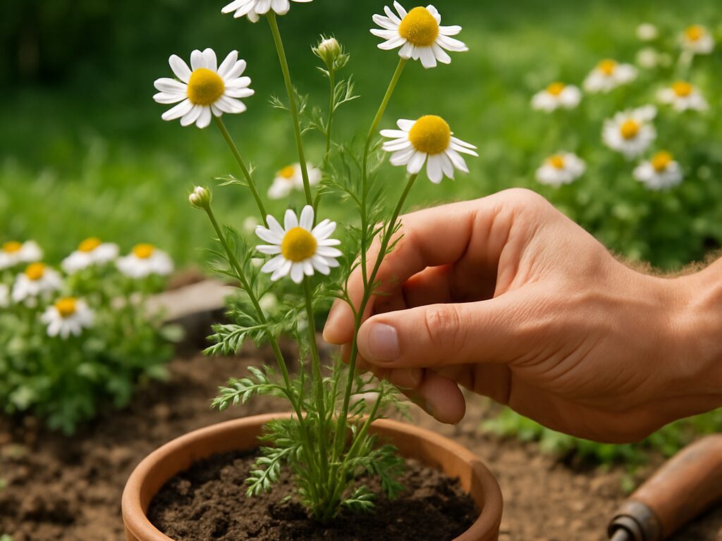 日当たりと風通しの良い庭で、間隔をあけて健やかに育つカミツレの花壇