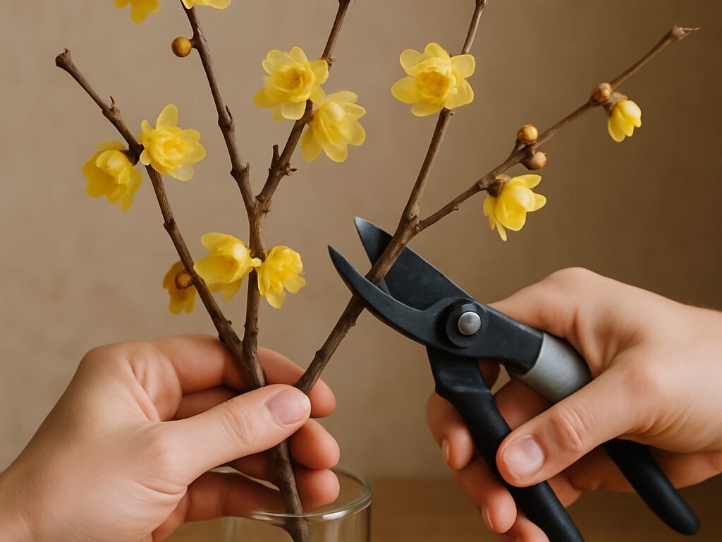 冬の青空を背に、淡黄色で半透明の花弁を持つ蠟梅が可憐に咲く枝先の接写