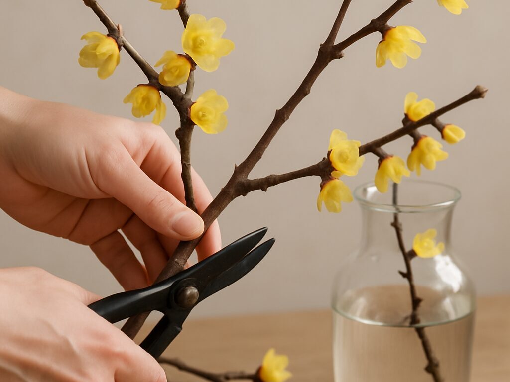 清潔な花瓶に生けた蠟梅の切り枝と、斜めに割り入れた切り口を見せる手元