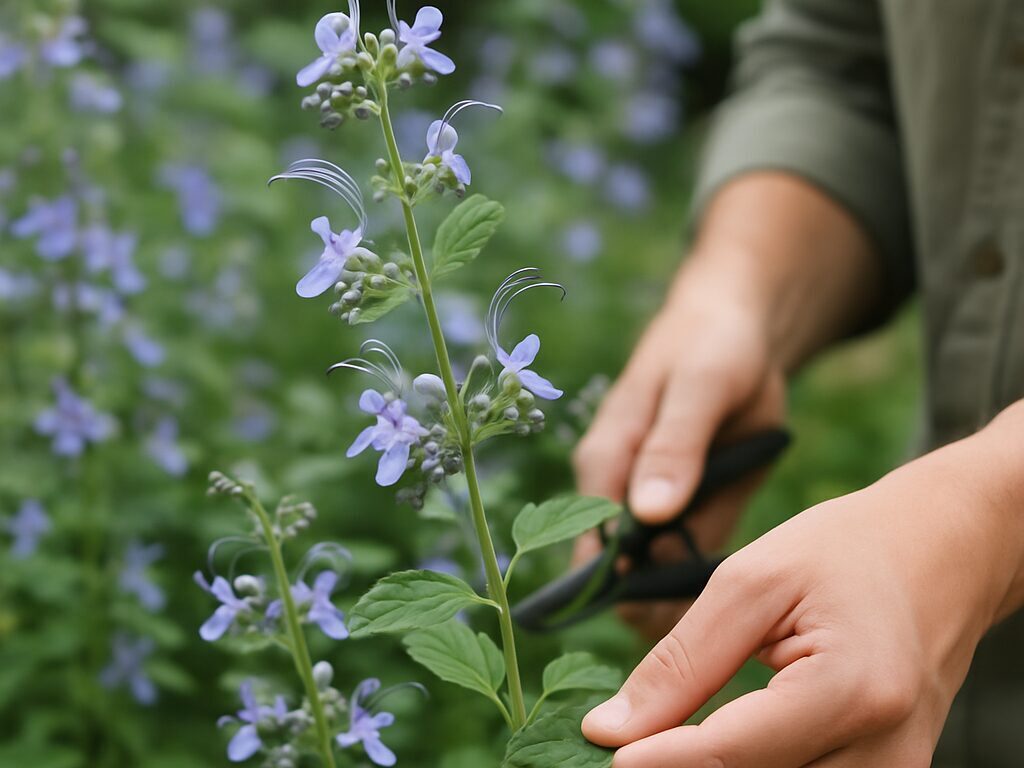 晩夏に咲く青紫のカリガネ草の花房。長く曲がる雄しべが印象的