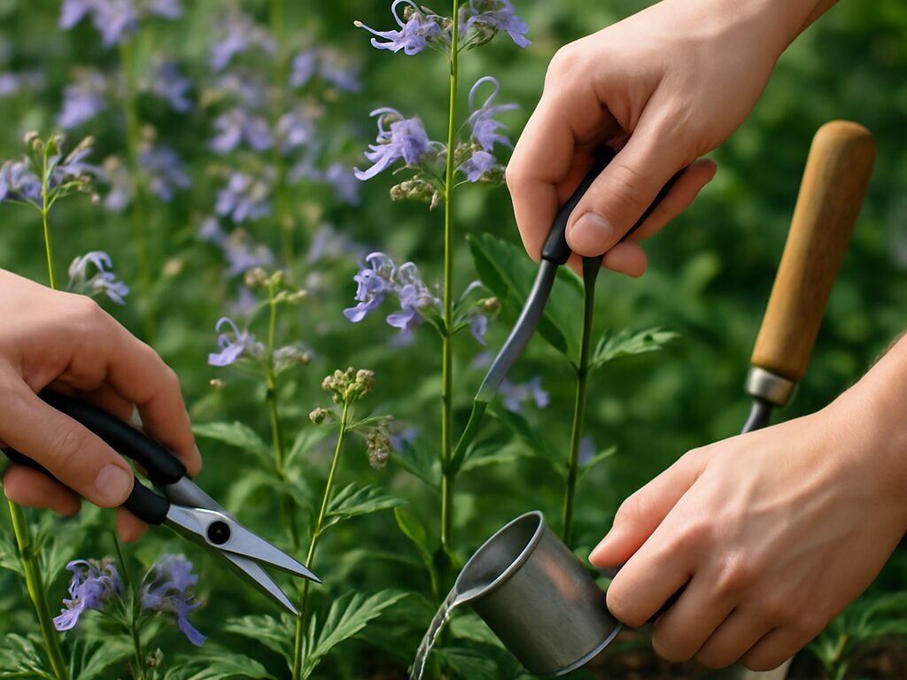 霜よけの不織布で覆った鉢植えのカリガネ草。株元にはわらで防寒