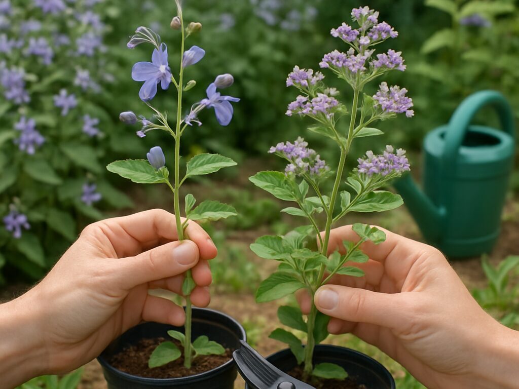 園芸店の苗売り場で、青紫のカリガネ草と段菊の鉢が並ぶ比較シーン