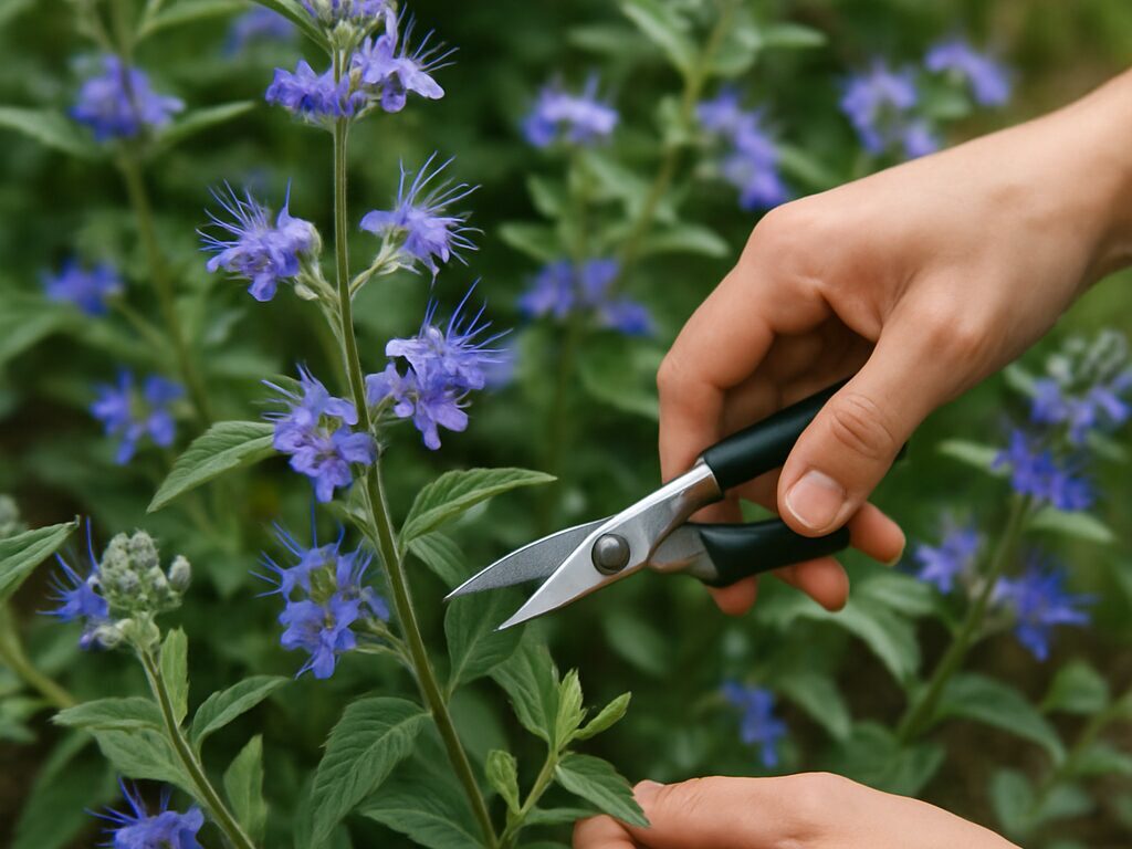青紫の花をつけたカリガネ草の株元へ、葉を濡らさず静かに水やり