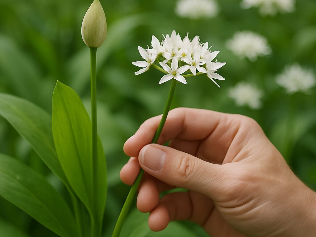 林床に群生する行者にんにく、白い花序と幅広い葉の全体を俯瞰、春の景色