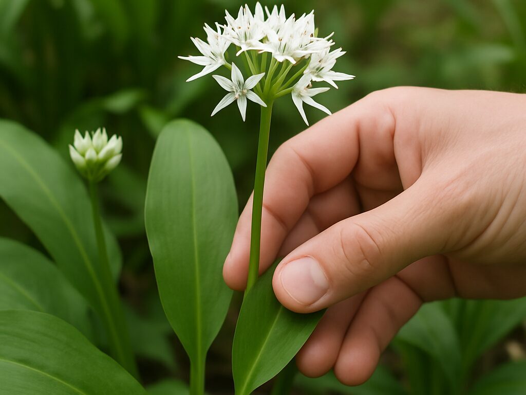 幅広い葉から花茎を伸ばす行者にんにくの株と白い花が林床で見える