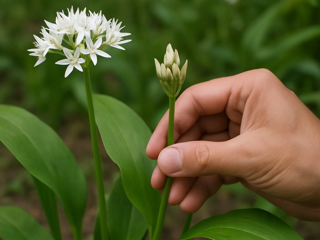 土から伸びる芽、白花の開花、黒い種子を付けた結実の三段階を並べて撮影